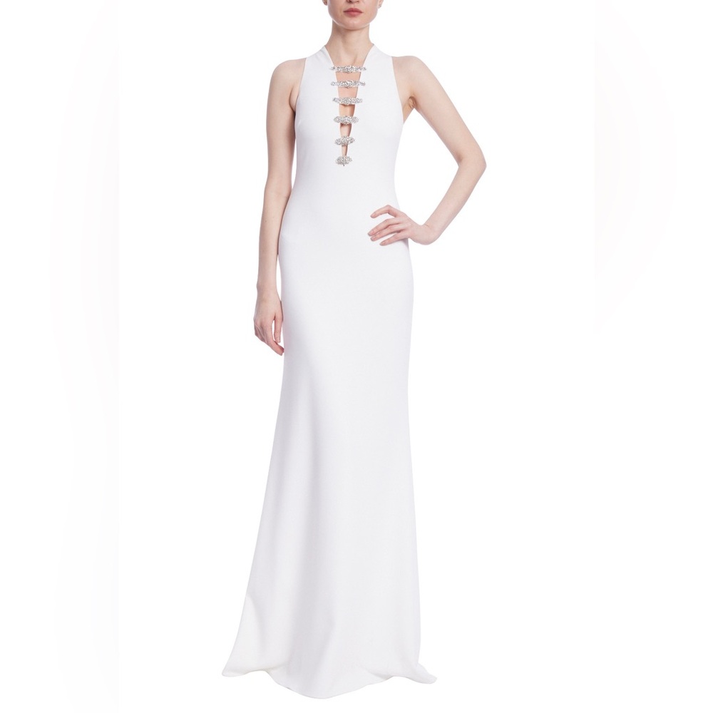 Badgley Mischla Sleeveless Crepe Gown with Deep V-Neck